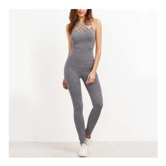 Jumpsuit LaceUp Front Marled Black & White Size L - Picture 4 of 8